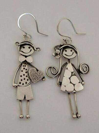 1 Pair Unique Vintage Couple Figurine Earring, Cute And Fun Asymmetrical Earring, Suitable For Daily And Party Wear, Classic Design, A Gift For Her, Elegant Cute Design