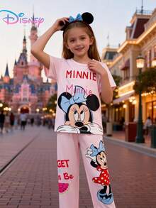 Disney 2pcs Minnie Mouse Young Girls Cartoon Print Short Sleeve Top And Pants Set, Cute & Playful Girls Outfit, Comfortable & Fashionable For Everyday Casual, Indoor/Outdoor, Sports, Vacation, Holidays & Parties - Pink - View 2