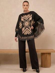 Luxury Women's Knitted Poncho With Long Sleeves, Scarf, Autumn And Winter Style. - Màu be - Xem 6