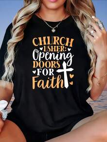 Church Usher Opening Doors For Faith Christian Cross T Shirt Women Religious Faith Clothing Gospel Ministry GiftLadies' Outdoor T-Shirt, 220g - 黑色 - 查看 2