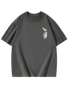 女士休闲可爱猫咪印花圆领宽松短袖T恤，春夏款 - 深灰色 - 查看 4