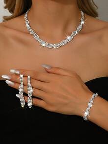 Luxury Elegant Women's Jewelry Set, Sparkling Crystal Necklace + Earrings + Bracelet, Suitable For Bridesmaids, Guests, Date Night, Parties, Anniversary, Birthday Gifts - 1588801 Silver-hB - View 1