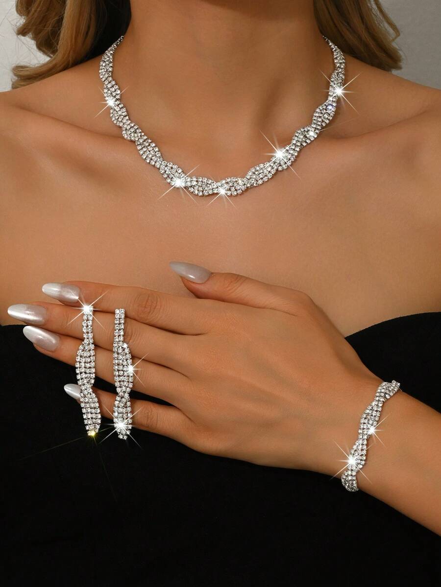 Luxury Elegant Women's Jewelry Set, Sparkling Crystal Necklace + Earrings + Bracelet, Suitable For Bridesmaids, Guests, Date Night, Parties, Anniversary, Birthday Gifts - 1588801 Silver-hB - View 1