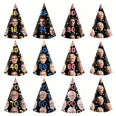 1/6/13/20pcs Customized Party Hats, Birthday Party Hats, Bachelor Party Hats, Personalized Party Hats, 20/30/40/50/60/70 Years Old Birthday Decorations, 21st Birthday Party Hats | Party Hats | Birthday Party Hats, Personalized Photo Party Hats, Birthday Party Decorations, Customized Photo Paper Party Supplies Hats, Unisex, Multifunctional, Decorative, Reusable, Exquisite, Fashionable,Party Top ,Easy-Install