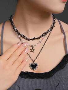 2pcs Multi-Color Retro Dark Punk Style Multi-Layered Rice Bead Metal Thorn Heart Star Pendant Necklaces, Valentine's Day Gift For Female Friends Valentines,Mom,Mother,Mother's Day,Gift - Bộ 2 dây chuyền nhiều lớp - Xem 4