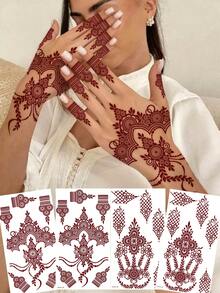 4pcs Moon & Flower Pattern Wine Red Nail Art Temporary Tattoo Stickers - Manhaiti Design Body Painting Tattoos For Party & Festival - Red - View 7