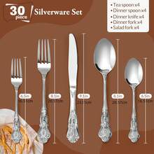CRENOVA 30pcs Vintage Royal Silverware Set For 6, Mirror Polished Stainless Steel Flatware Set With Intricate Carved Handles, Retro Elegant Dining Utensils - Bạc - Xem 6