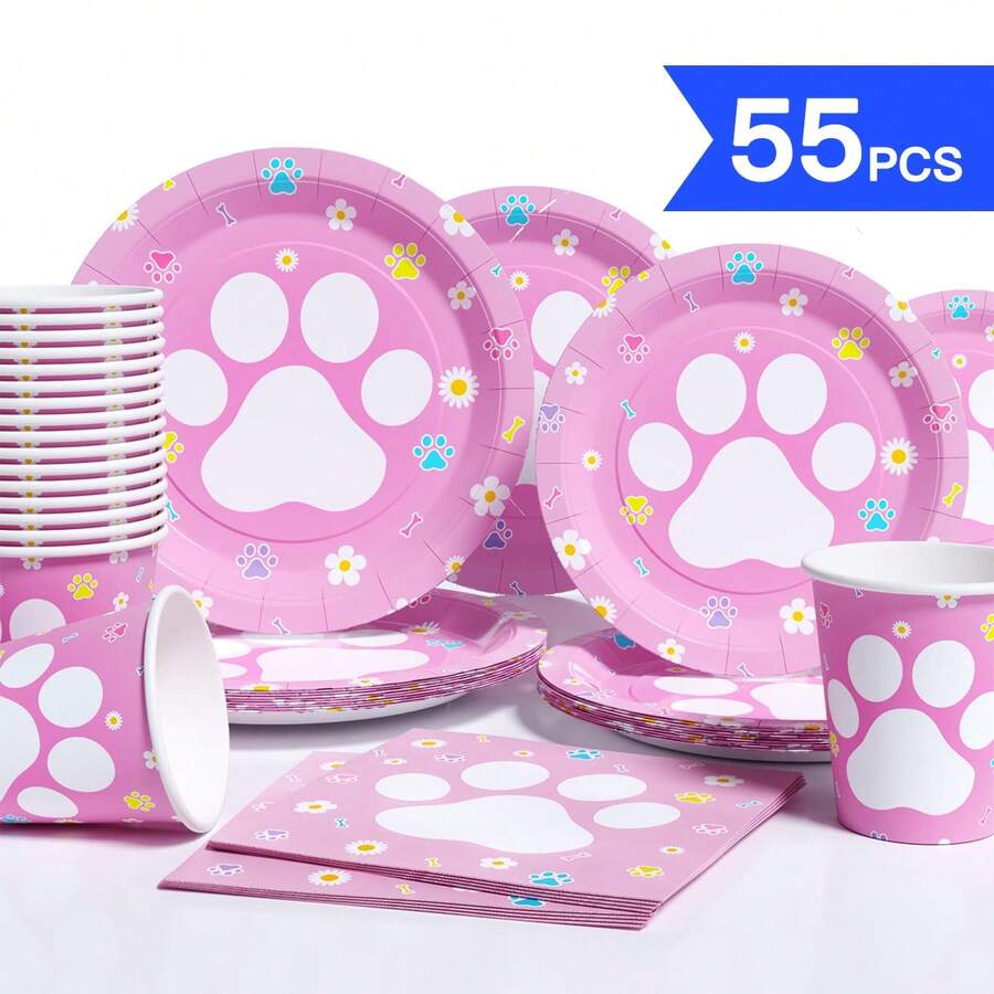 Pink Cat Paw Print Disposable Plates, Napkins, Cups - One-Time Party Supplies Set, Suitable For 10 Guests, Disposable Paper Plates Party Tableware For Birthday, Wedding, Picnic - Multicolor - View 1