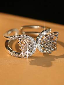 1pc Exquisite Butterfly Cubic Zirconia Engagement Rings, Personalized Hollow Out Copper Open Ring, Suitable For Daily Wear, Wedding, Party, Gift - White - View 7