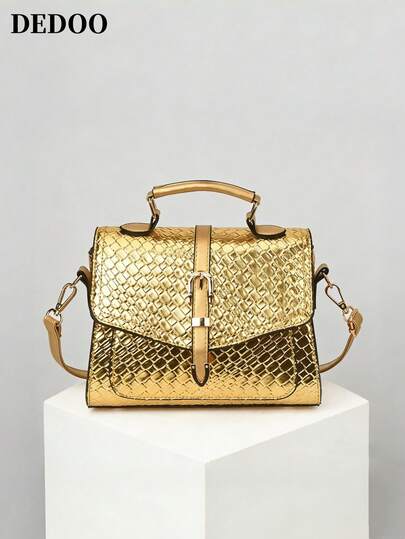 Dedoo Lightweight Business Casual Minimalist Metal Decor Flap Square Bag (Random Metallic Clips On Both Sides), Suitable For Young Women, Female College Students, And Office Workers, Great For Office, School, Work, Business, Commuting, Outdoor, Travel And Other Occasions