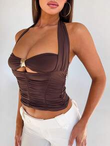 Buzzelle Áo ba lỗ dệt kim ngắn không tay cho nữ, viền nhún bất đối xứng, áo cánh thời trang co giãn cao - màu nâu - Xem 6