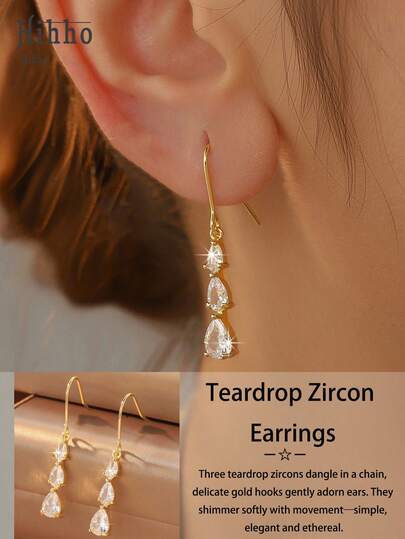 一对优雅水滴形锆石耳环，精致浪漫，适合正式场合，可搭配晚礼服、连衣裙、西装及其他正式服饰。