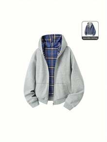 Two-In-One! Vintage Reversible Hooded Sweatshirt With Blue Plaid Zipper Pullover, Unisex Casual Fall/Winter Oversized Jacket - Blue - View 4