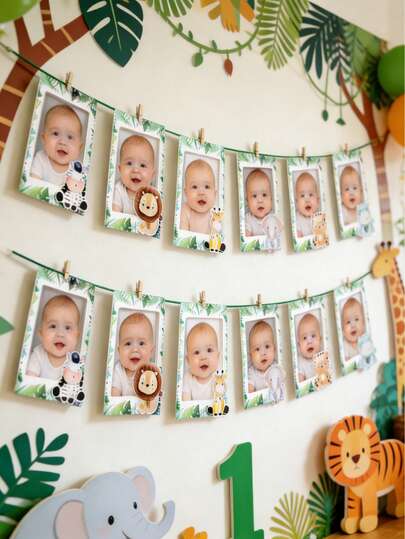 一套宝宝一周岁生日照片横幅，丛林动物主题一周岁生日照片道具横幅，一周岁生日派对装饰，一周岁生日派对用品，野性十足的一周岁生日装饰，1-12个月照片相框横幅，婴儿派对墙饰
