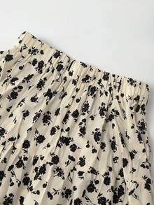 EARO 女士长款印花层叠半身裙，无弹力面料，松紧腰带，飘逸长裙 - 杏色 - 查看 3