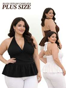 Plus Size Ribbed Peplum Halter Top - Comfortable And Stylish Summer Blouse - Fits Sizes GG To G2 - Óxido marrón - Ver 3