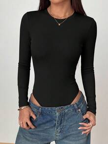PRETTYGARDEN Women Spring Bodysuits For Long Sleeve Shirts Fitted Basic Ribbed Layering Bodys Tops Fall Fashion Winter Clothes Black Vacation Rompers Outfits For Women - 黑色 - 查看 5