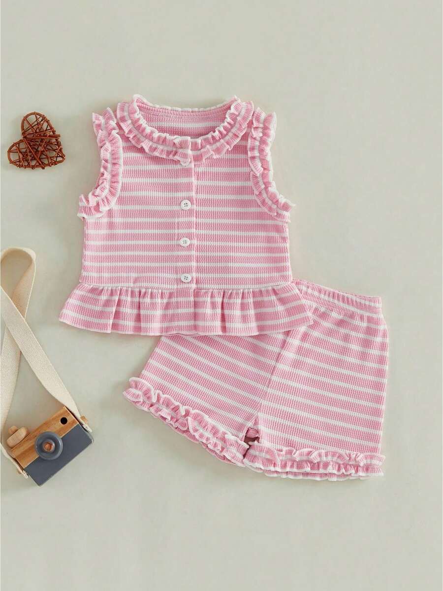 2Pcs Baby Girl Summer Outfits Sleeveless Stripes Print Ruffle Tops + Shorts Set Toddler Clothes - Hồng - Xem 1