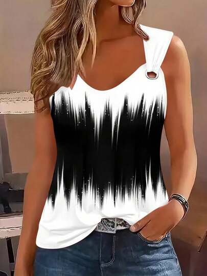 Women's Spring/Summer 3D Printed Tank Top, 3D Geometric Print Elegant V-Neck Tank Top For Women, Medium Stretch, Casual Sportswear