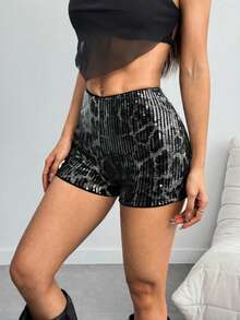 Quần short nữ kiểu dáng thường ngày gợi cảm họa tiết da báo phối sequin, thích hợp cho kỳ nghỉ biển. - Xám - Xem 2