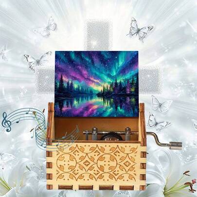 Nordic Aurora Forest Hand-Cranked Music Box, Wooden Carved Battery-Free Music Box, Birthday And Holiday Gift