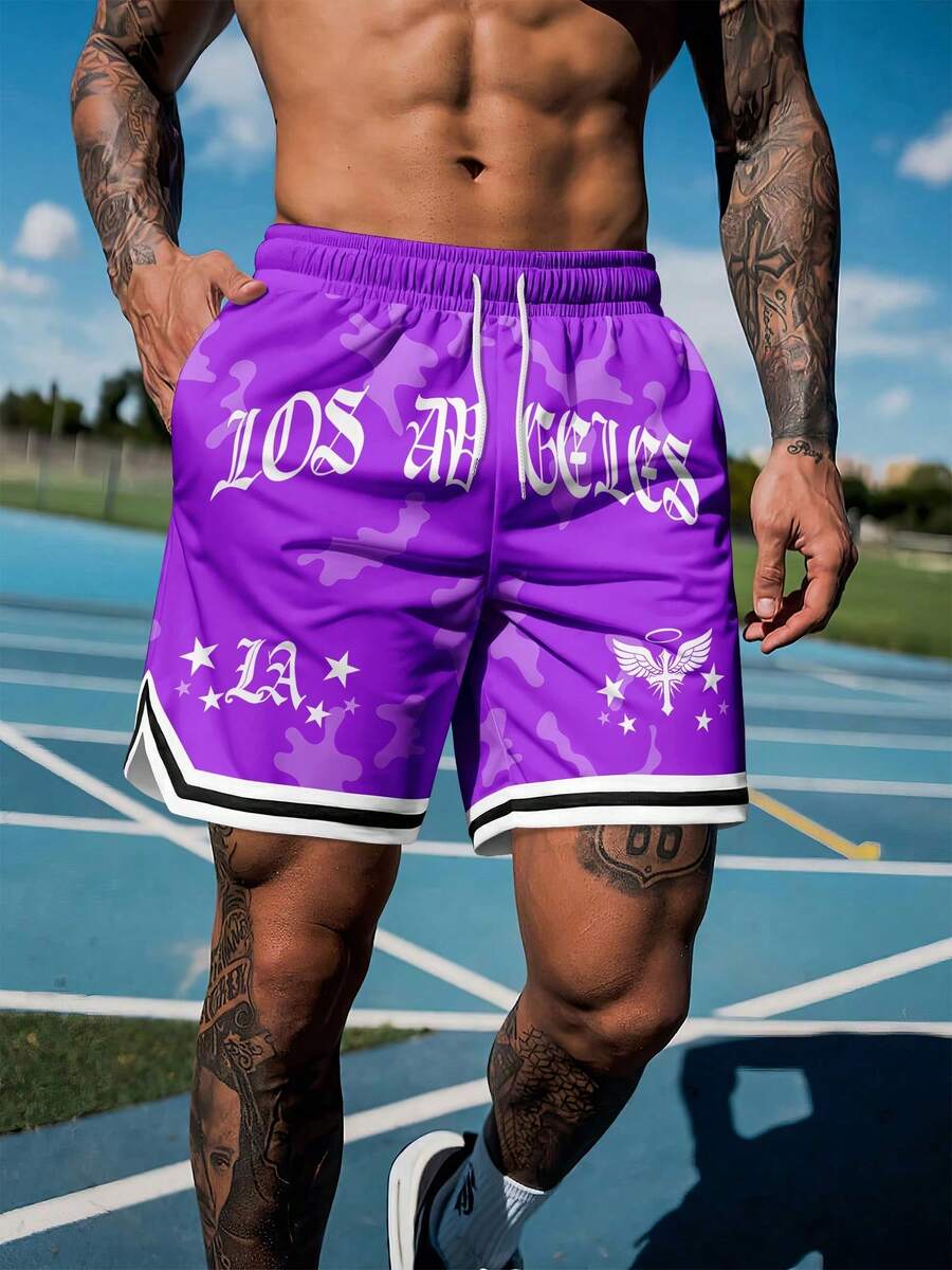 Quần short thể thao và đi biển nam in chữ theo phong cách Y2K. - Màu tím Violet - Xem 1