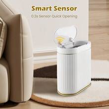Bathroom Trash Can With Lid Automatic 2 Gallon Motion Sensor Garbage Bin, 7.5 Liter Smart Trash Bin With Stripes, Plastic Garbage Can, Narrow Trash Can For Bedroom, Office, Bathroom - Golden - View 5