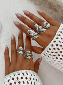 5pcs/Set Luxurious Geometric Exaggerated Water Drop Stacked Charm Metal Jewelry Ring Set, Fashionable & Elegant For Wedding, Party, Vacation, Daily Casual, Street Snap, Women & Couples Gift, Holiday Birthday - Ring - View 9