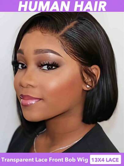 13x4 Lace Front Bob Wig-Can Be Made Any Part Freel,Transparent Pre Plucked With Baby Hair, 150% Density Straight Human Hair Wig, Natural Look Wig,Natural Black Short Bob Wigs For Women,8 10 12 14 16 Inch (Natural Black#1B #1B30 #4/30) Highlighted Bob Wigs