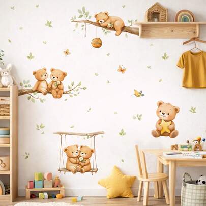 מדבקות קיר בצבעי מים של דובי לחדר ילדים, מדבקות נשלפות של חיות יער עם פרפרים וענפים, עיצוב חדר משחקים לחדר שינה