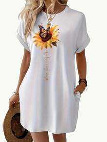 Printed-Shirt Dress, Short Sleeve Round Neck Casual Overseas Heat Transfer Dress, Suitable Summer And Spring, Women's Clothing AFT5 - Màu be - Xem 5
