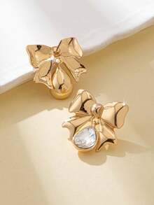 1对经典优雅水钻蝴蝶结时尚休闲百搭耳环，女士款 - 金色 - 查看 5