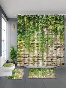 Bộ 4 món phòng tắm chống thấm nước họa tiết lá thường xuân xanh, chất liệu polyester dày dặn chống nấm mốc, bao gồm 12 móc treo, thảm chống trượt, thảm chữ U và bọc nắp bồn cầu. - A - Xem 2