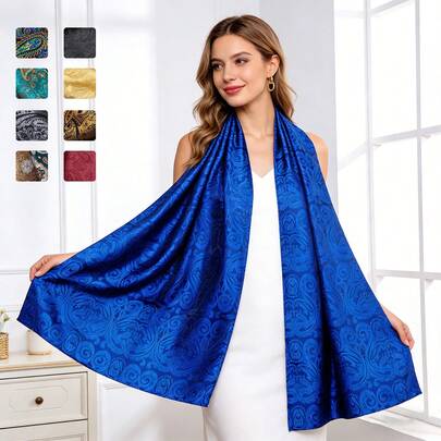 Women's Luxury Vintage Paisley Scarf Elegant Red Golden Jacquard Satin Shawl