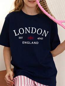 1pc Tween Girls' London Print Short Sleeve T-Shirt, Student Young Casual Wear, Summer Top For Girls Ready To Play - Navy Blue - View 2