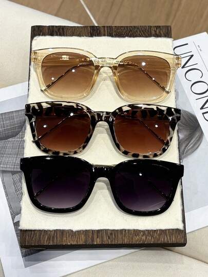 3pcs Classic Square Women's Glasses, Multi-Color Combination, Suitable For Various Styles, Contrast Color Temple Design Enhances Sophistication, Leopard Print Bohemian Eyeglasses, All-Season