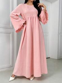Women's Daisy Embroidered Loose Fit Round Neck Long Sleeve Dress - Pink - View 3