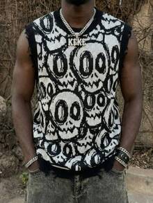 ANDREILEE Spring/Summer New High Street Punk Rock Band Skull Graphic Sleeveless Knit Tank Top For Men - Black - View 1