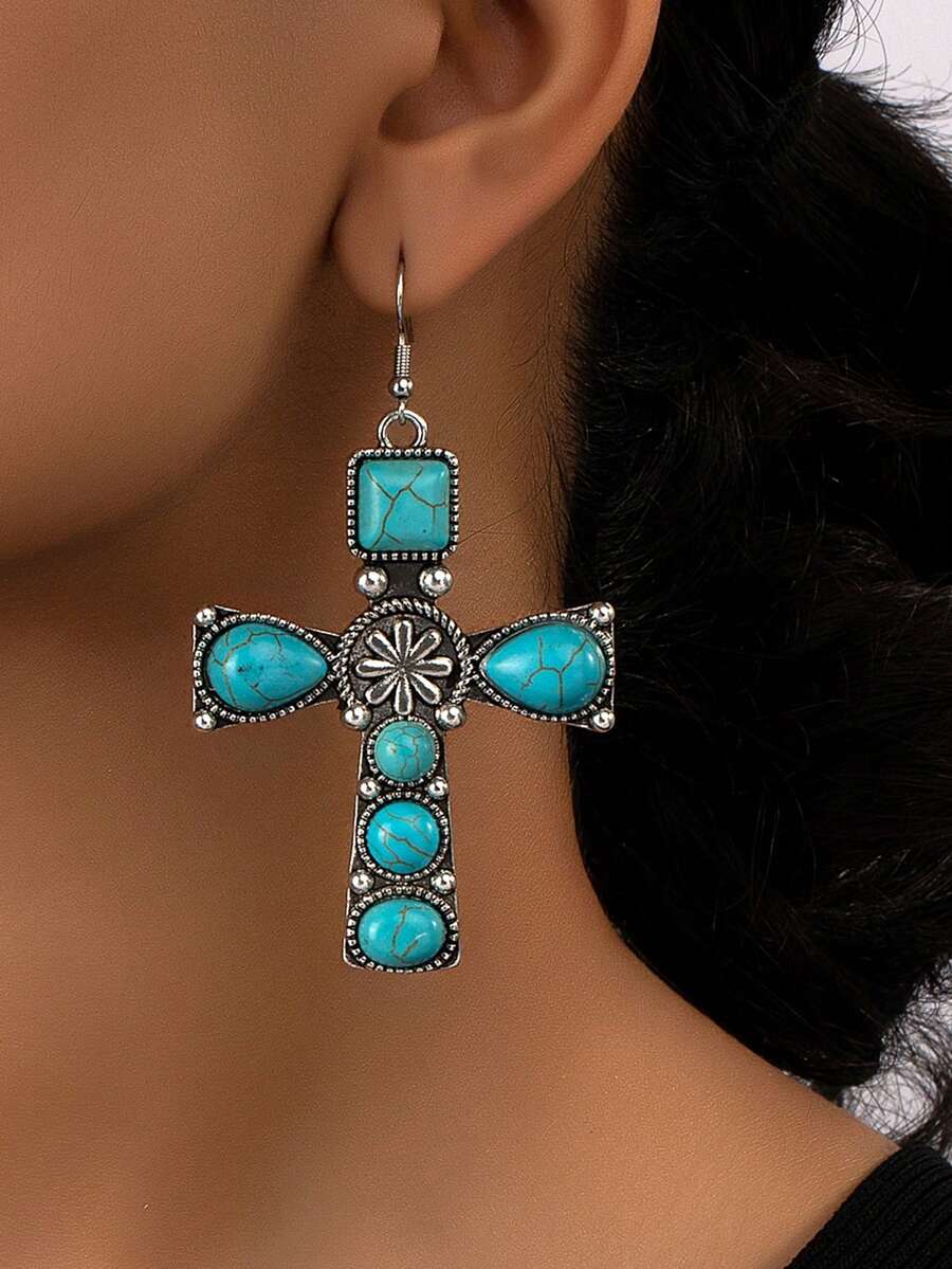 1 đôi bông tai thiết kế hình thánh giá cổ điển thanh lịch, thích hợp để đeo hàng ngày. - Bạc - Xem 1