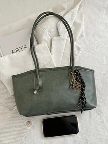 1pc Vintage Oily Leather Handbag, Knotted Handle Design, Convertible To Shoulder Bag And Tote Bag, Suitable For School And Work Commute, Multi-Functional Tote Bag (Actual Product Color May Vary Slightly Due To Lighting And Angle During Photography) - Green - View 8