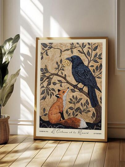 1pc The Raven And The Fox Art Print, Vintage Animal Wall Decor, The Ideal Gift For Friends, Bedroom Art Print, Living Room Decor, Office Decor, Kitchen Decor, Bathroom Decor, Wall Arts, Wall Decor, Home Decor, Room Decor, Canvas Wall Art, Posters, Wall Art With Frame, Optional Frame ﻿ ﻿ ﻿
