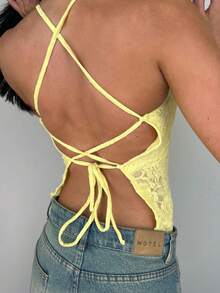 Vaiaye Women's Fashion Lingerie-Style LaceTop And Spring-Summer Print Scoop Neck Fitted Casual Vacation Sexy Backless Women Camisole,Beach Vacation Woman St Patrick,Going Out T-Shirt - Yellow - View 2