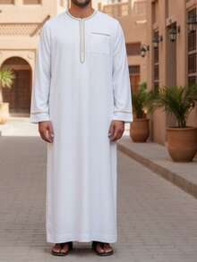 男式长袖拼布缎带半襟衬衫 - 白色 - 查看 1