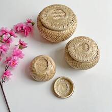 1个竹编双层带盖收纳篮,桌面小型装饰收纳盒,手工制作,直径3.9英寸,高度2.76英寸 - 青色 - 查看 4