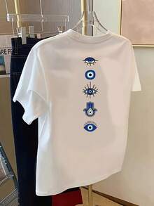 2026 New Women's Spring/Summer Round Neck Casual Top, Evil Eye, Hamsa Hand Print Pattern, Ladies Apparel White - White - View 3