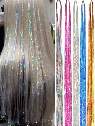 Shiny Synthetic Hair Extensions, Laser Cut Wigs, Colorful Metallic Glitter Hair Extensions