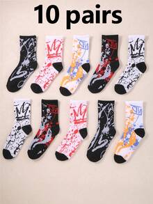 10 Pasang Kaos Kaki Anak Motif Grafiti Acak, Cocok untuk Pemakaian Sehari-hari, untuk Anak Laki-laki dan Perempuan - MultiWarna - View 12