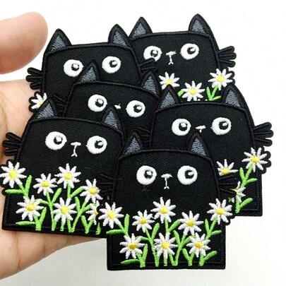 6 piezas Parches bordados de gato negro, con respaldo fácil de planchar - Para ropa, sombreros, jeans y accesorios DIY, accesorios de gato