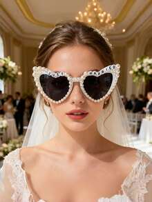 2pcs Heart-Shaped Classic Bride & Groom Glass Cup Set, Elegant Pearl Design, Suitable For Black & White Wedding Party, Bridal Gift, Couple Photo Props, Romantic Event Essential - Multicolor - View 7