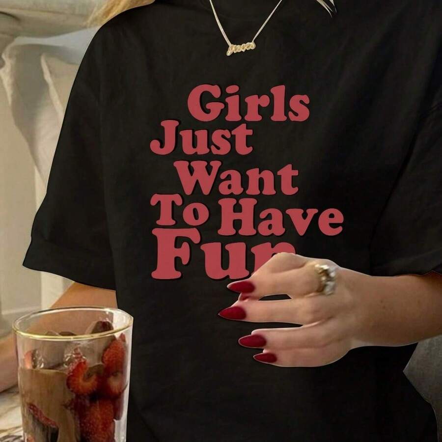 SH EIN EZ Wear Oversized Short Sleeve T-Shirt For Women Casual And Simple With English Graphic Print And Round Neck Girls - màu đen - Xem 1